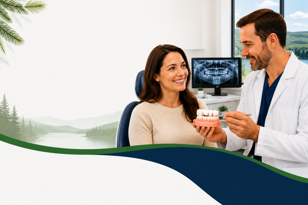 Dentist explaining a dental bridge treatment to a smiling patient at Northern Pines Dental in Bancroft, showcasing a tooth replacement solution for restoring missing teeth, improving oral function, and creating a natural-looking smile.