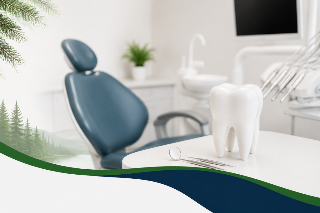 Modern dental clinic setting with a tooth model representing root canal treatment and comfortable dental care